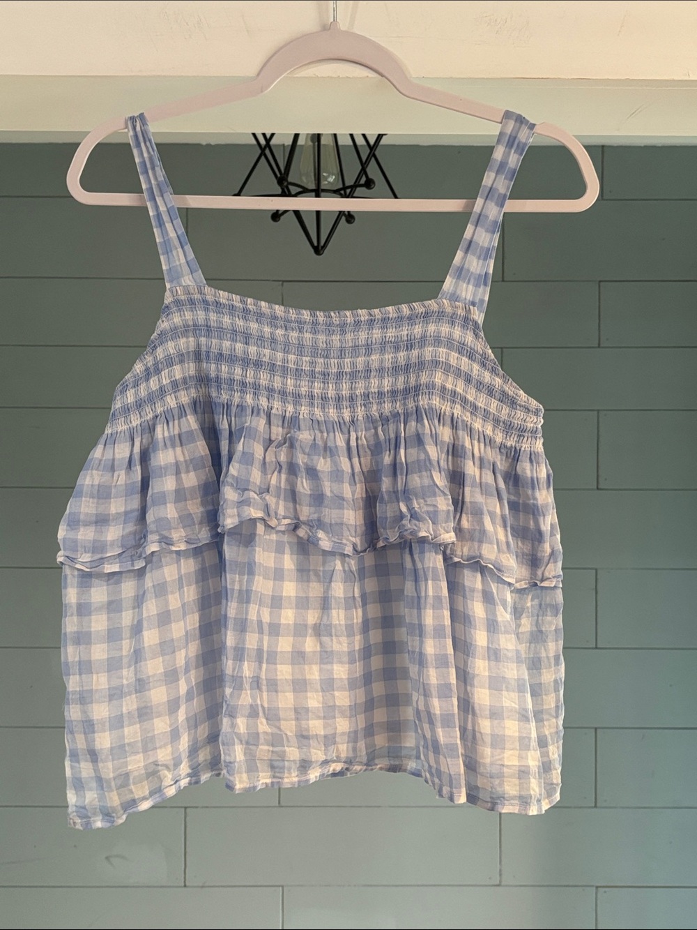Rebecca Minkoff Light Blue and White Gingham Smocked Ruffle Cami